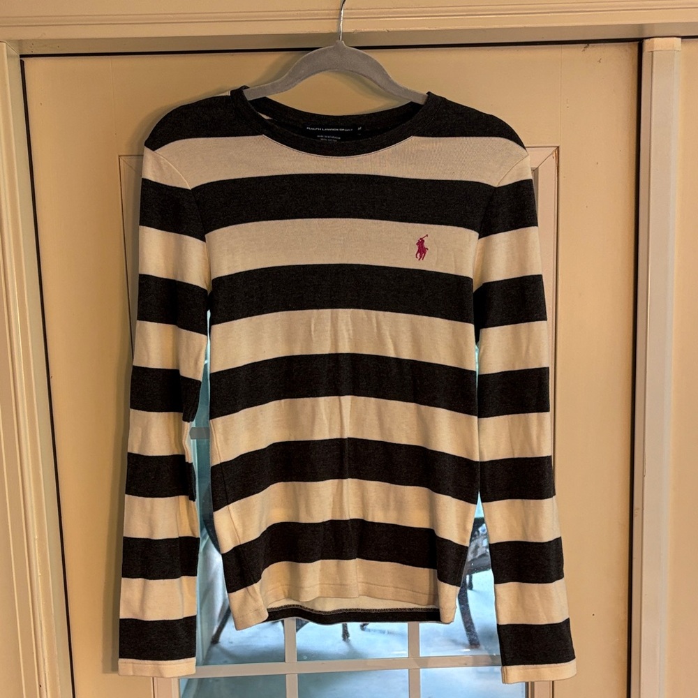 Ralph Lauren Black and White Striped Sweater with Pink Logo